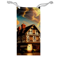 Village House Cottage Medieval Timber Tudor Split Timber Frame Architecture Town Twilight Chimney Jewelry Bag by Posterlux