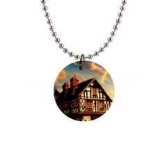 Village House Cottage Medieval Timber Tudor Split Timber Frame Architecture Town Twilight Chimney 1  Button Necklace by Posterlux