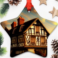 Village House Cottage Medieval Timber Tudor Split Timber Frame Architecture Town Twilight Chimney Star Ornament (two Sides) by Posterlux