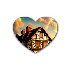 Village House Cottage Medieval Timber Tudor Split Timber Frame Architecture Town Twilight Chimney Rubber Coaster (heart) by Posterlux