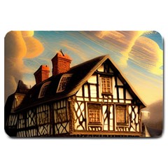 Village House Cottage Medieval Timber Tudor Split Timber Frame Architecture Town Twilight Chimney Large Doormat by Posterlux