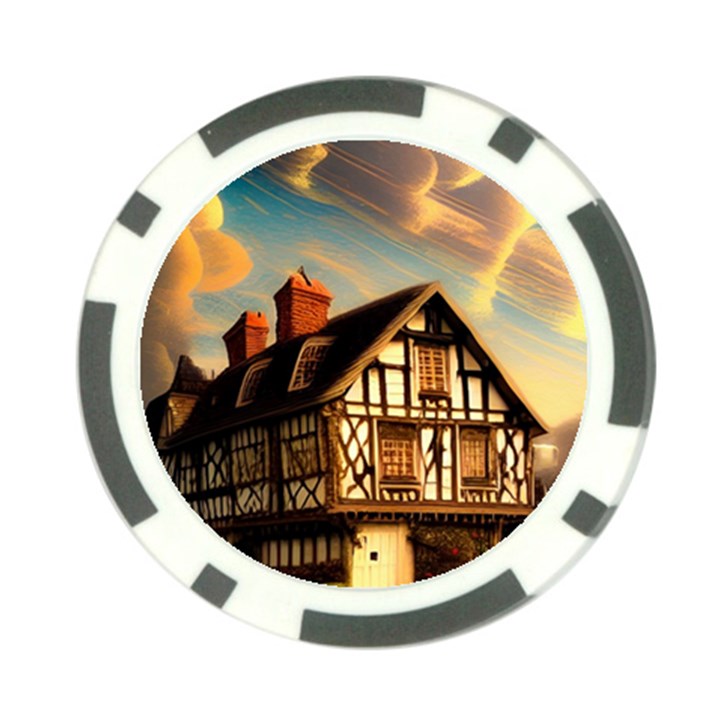 Village House Cottage Medieval Timber Tudor Split timber Frame Architecture Town Twilight Chimney Poker Chip Card Guard (10 pack)