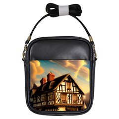 Village House Cottage Medieval Timber Tudor Split Timber Frame Architecture Town Twilight Chimney Girls Sling Bag by Posterlux