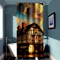 Village House Cottage Medieval Timber Tudor Split Timber Frame Architecture Town Twilight Chimney Shower Curtain 36  X 72  (stall)  by Posterlux