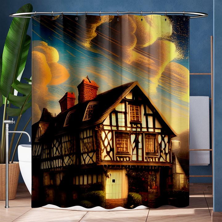 Village House Cottage Medieval Timber Tudor Split timber Frame Architecture Town Twilight Chimney Shower Curtain 60  x 72  (Medium) 