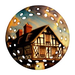 Village House Cottage Medieval Timber Tudor Split Timber Frame Architecture Town Twilight Chimney Ornament (round Filigree) by Posterlux