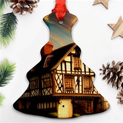 Village House Cottage Medieval Timber Tudor Split Timber Frame Architecture Town Twilight Chimney Ornament (christmas Tree)  by Posterlux