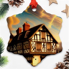 Village House Cottage Medieval Timber Tudor Split Timber Frame Architecture Town Twilight Chimney Snowflake Ornament (two Sides) by Posterlux