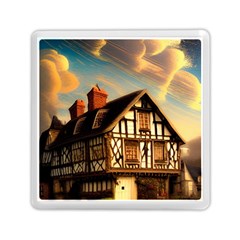 Village House Cottage Medieval Timber Tudor Split Timber Frame Architecture Town Twilight Chimney Memory Card Reader (square) by Posterlux