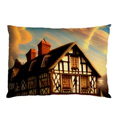 Village House Cottage Medieval Timber Tudor Split Timber Frame Architecture Town Twilight Chimney Pillow Case (two Sides) by Posterlux