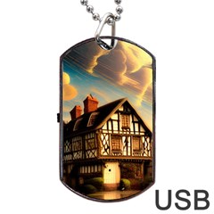 Village House Cottage Medieval Timber Tudor Split Timber Frame Architecture Town Twilight Chimney Dog Tag Usb Flash (two Sides) by Posterlux