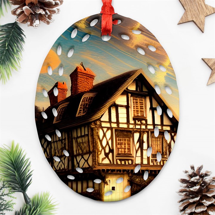 Village House Cottage Medieval Timber Tudor Split timber Frame Architecture Town Twilight Chimney Ornament (Oval Filigree)