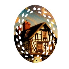 Village House Cottage Medieval Timber Tudor Split Timber Frame Architecture Town Twilight Chimney Oval Filigree Ornament (two Sides) by Posterlux