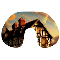 Village House Cottage Medieval Timber Tudor Split Timber Frame Architecture Town Twilight Chimney Travel Neck Pillow by Posterlux