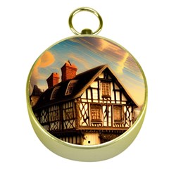 Village House Cottage Medieval Timber Tudor Split Timber Frame Architecture Town Twilight Chimney Gold Compasses by Posterlux