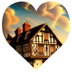 Village House Cottage Medieval Timber Tudor Split Timber Frame Architecture Town Twilight Chimney Wooden Puzzle Heart by Posterlux