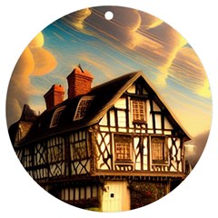 Village House Cottage Medieval Timber Tudor Split Timber Frame Architecture Town Twilight Chimney Uv Print Acrylic Ornament Round by Posterlux