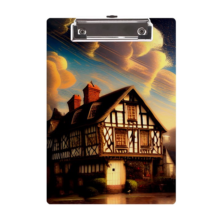 Village House Cottage Medieval Timber Tudor Split timber Frame Architecture Town Twilight Chimney A5 Acrylic Clipboard