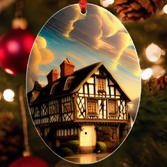 Village House Cottage Medieval Timber Tudor Split Timber Frame Architecture Town Twilight Chimney Uv Print Acrylic Ornament Oval by Posterlux