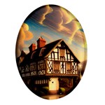 Village House Cottage Medieval Timber Tudor Split timber Frame Architecture Town Twilight Chimney Oval Glass Fridge Magnet (4 pack) Front