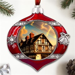 Village House Cottage Medieval Timber Tudor Split Timber Frame Architecture Town Twilight Chimney Metal Snowflake And Bell Red Ornament by Posterlux