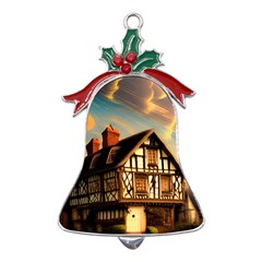 Village House Cottage Medieval Timber Tudor Split Timber Frame Architecture Town Twilight Chimney Metal Holly Leaf Bell Ornament by Posterlux