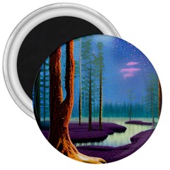 Artwork Outdoors Night Trees Setting Scene Forest Woods Light Moonlight Nature 3  Magnets by Posterlux