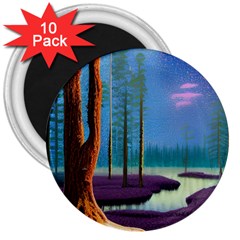 Artwork Outdoors Night Trees Setting Scene Forest Woods Light Moonlight Nature 3  Magnets (10 Pack) 