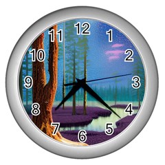 Artwork Outdoors Night Trees Setting Scene Forest Woods Light Moonlight Nature Wall Clock (silver) by Posterlux