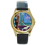 Artwork Outdoors Night Trees Setting Scene Forest Woods Light Moonlight Nature Round Gold Metal Watch Front