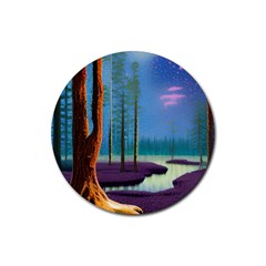 Artwork Outdoors Night Trees Setting Scene Forest Woods Light Moonlight Nature Rubber Round Coaster (4 Pack)