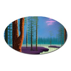 Artwork Outdoors Night Trees Setting Scene Forest Woods Light Moonlight Nature Oval Magnet