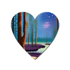 Artwork Outdoors Night Trees Setting Scene Forest Woods Light Moonlight Nature Heart Magnet by Posterlux