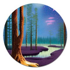 Artwork Outdoors Night Trees Setting Scene Forest Woods Light Moonlight Nature Magnet 5  (round)