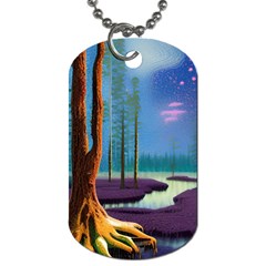 Artwork Outdoors Night Trees Setting Scene Forest Woods Light Moonlight Nature Dog Tag (one Side) by Posterlux