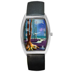 Artwork Outdoors Night Trees Setting Scene Forest Woods Light Moonlight Nature Barrel Style Metal Watch by Posterlux