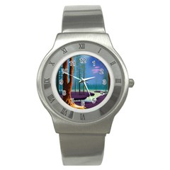 Artwork Outdoors Night Trees Setting Scene Forest Woods Light Moonlight Nature Stainless Steel Watch by Posterlux