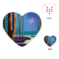 Artwork Outdoors Night Trees Setting Scene Forest Woods Light Moonlight Nature Playing Cards Single Design (heart)