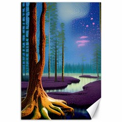 Artwork Outdoors Night Trees Setting Scene Forest Woods Light Moonlight Nature Canvas 12  X 18  by Posterlux