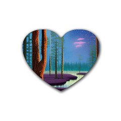 Artwork Outdoors Night Trees Setting Scene Forest Woods Light Moonlight Nature Rubber Coaster (heart)