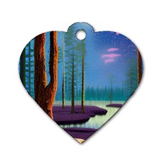 Artwork Outdoors Night Trees Setting Scene Forest Woods Light Moonlight Nature Dog Tag Heart (one Side)