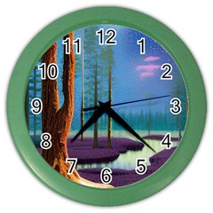 Artwork Outdoors Night Trees Setting Scene Forest Woods Light Moonlight Nature Color Wall Clock by Posterlux