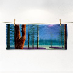 Artwork Outdoors Night Trees Setting Scene Forest Woods Light Moonlight Nature Hand Towel by Posterlux