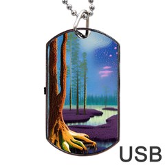 Artwork Outdoors Night Trees Setting Scene Forest Woods Light Moonlight Nature Dog Tag Usb Flash (one Side)