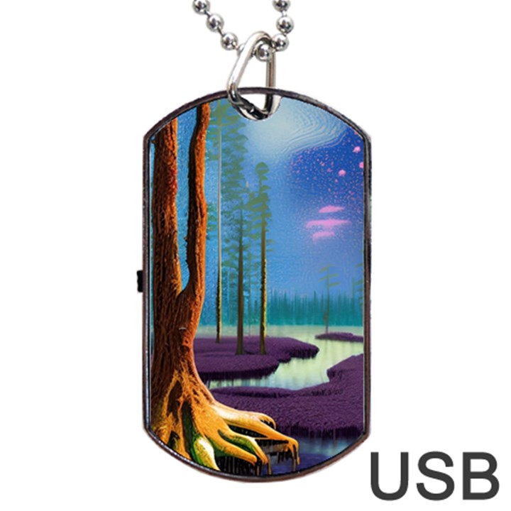 Artwork Outdoors Night Trees Setting Scene Forest Woods Light Moonlight Nature Dog Tag USB Flash (One Side)