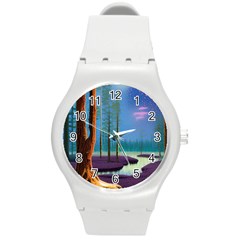 Artwork Outdoors Night Trees Setting Scene Forest Woods Light Moonlight Nature Round Plastic Sport Watch (m) by Posterlux