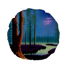 Artwork Outdoors Night Trees Setting Scene Forest Woods Light Moonlight Nature Standard 15  Premium Round Cushions