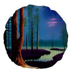 Artwork Outdoors Night Trees Setting Scene Forest Woods Light Moonlight Nature Large 18  Premium Round Cushions