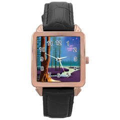 Artwork Outdoors Night Trees Setting Scene Forest Woods Light Moonlight Nature Rose Gold Leather Watch  by Posterlux