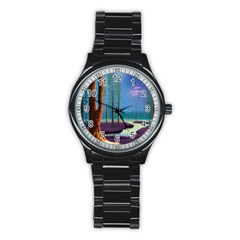 Artwork Outdoors Night Trees Setting Scene Forest Woods Light Moonlight Nature Stainless Steel Round Watch by Posterlux